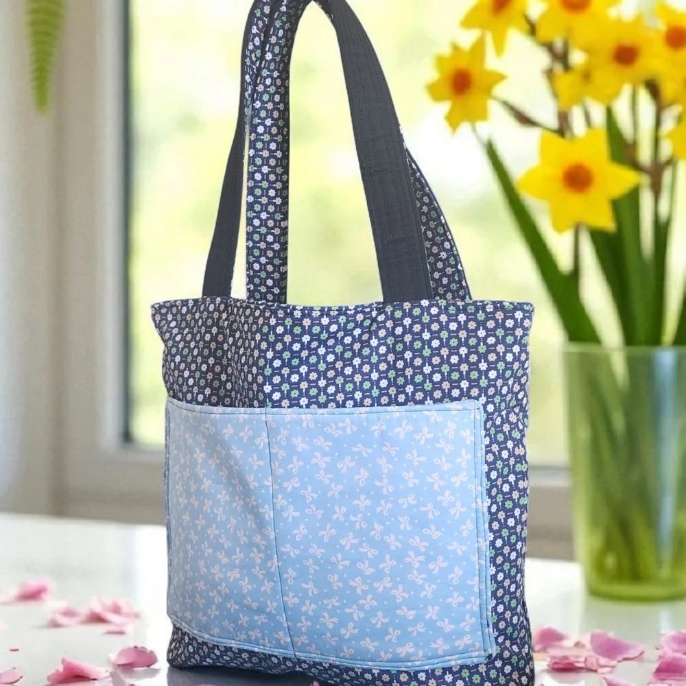 Blue and Black Polka Dot Tote Bag with Sturdy Handles